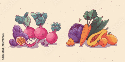 Brightly colored vegetables and fruits are displayed, showcasing radishes, papayas, carrots, and more in an artistic arrangement.