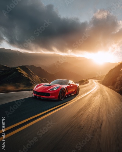 Red sports car driving on winding road during sunset in mountainous landscape