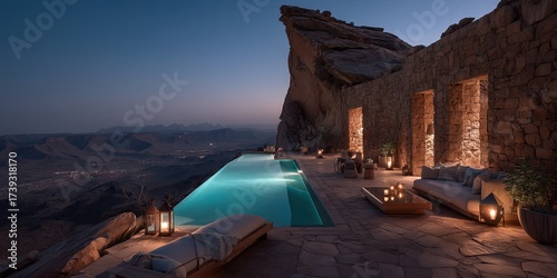 A cinematic perspective of an ultra luxury desert villa