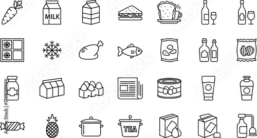 Food and beverage icon set, black silhouette vector, grocery items illustration, minimal style, nutrition symbols, kitchen essentials graphic