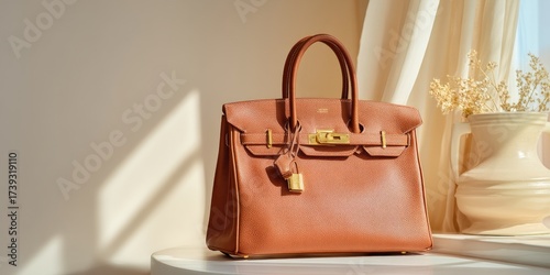 A luxury product shot of a Herms Birkin bag standing floor