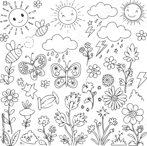 Hand-drawn nature doodles collection. Simple black outline drawings of flowers, bees, butterfly, sun, clouds, lightning, stars, plants. Perfect for coloring pages, stationery and children's designs.