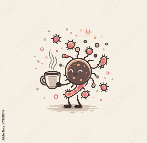 A cheerful cartoon character resembling a germ is holding a steaming cup of coffee. Colorful germs float around happily in a calm setting.