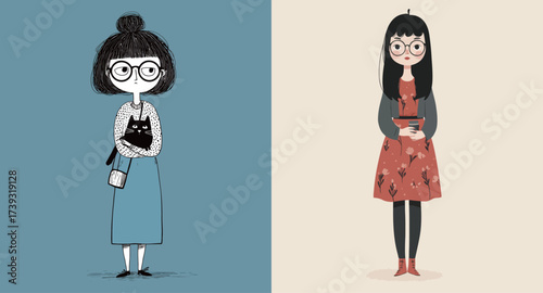 Two distinct characters stand side by side, showcasing unique fashion styles and personalities. The left character holds a cat, while the right character carries a book.