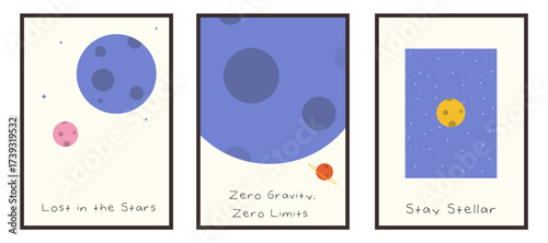 Minimalist cosmic space poster set. Planets, stars, and galaxy quotes art prints