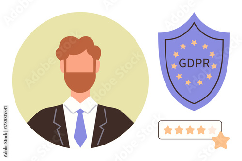 Professional male avatar, GDPR shield, and 5-star rating representing privacy, trust, and data security. Ideal for regulations, digital responsibility, customer trust, data protection compliance