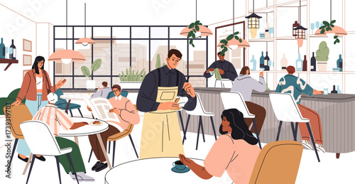 People sitting at the tables in restaurant. Customer makes order from waiter. Cozy interior of coffeehouse or cafe with bar counter and barista at the it. Flat isolated vector illustration on white