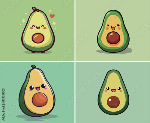 Four cartoon-style avocados in cheerful designs are displayed on colored backgrounds, showcasing varying happy expressions including smiles and hearts.