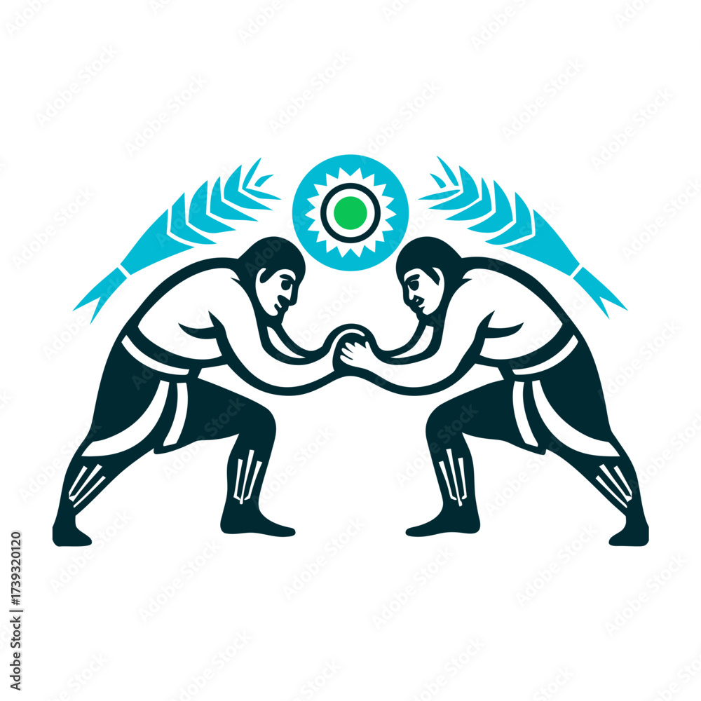 Obraz premium Kazakh Kures Wrestling Illustration, Belt Gripping Kures Wrestling Kazakhstan Two wrestlers gripping each other’s belts