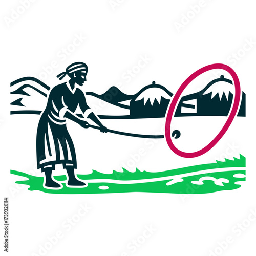 Afghan Boy Playing Hoop Game Illustration Baqqash Afghanistan Player rolling a wooden hoop with a hooked stick