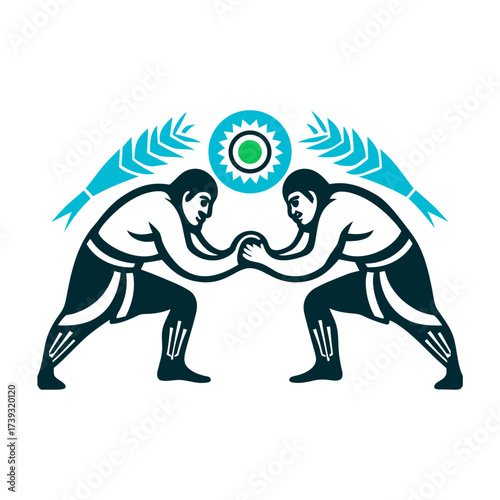 Kazakh Kures Wrestling Illustration, Belt Gripping Kures Wrestling Kazakhstan Two wrestlers gripping each other’s belts