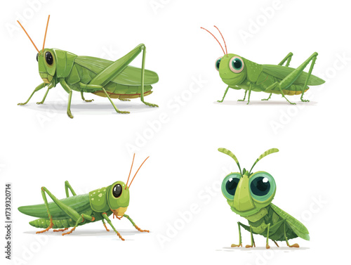 Four vibrant green grasshoppers are positioned in various poses, showcasing their large eyes and lively expressions. This fun illustration captures their playful nature.