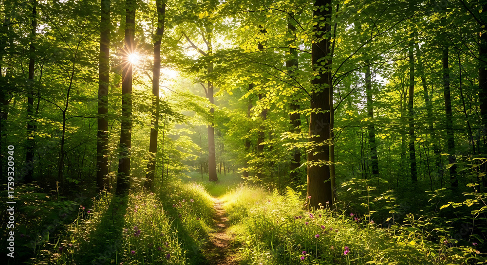 Obraz premium Sunlight streaming through the green leaves of trees in a dense forest with a dirt path visible ai generated