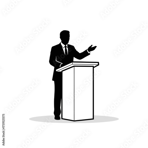 Silhouette of a man in suit standing behind podium isolated on white background