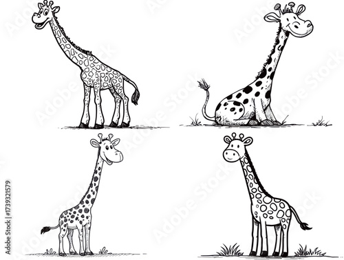 Four illustrations display giraffes with different patterns and poses. Each giraffe stands on grass, showcasing unique designs and playful expressions, perfect for children.