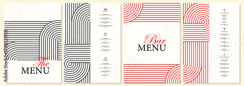 Elegant minimalist restaurant and bar menu template in black and red with geometric line design. Suitable for fine dining, modern bars, cafes, and branding projects.