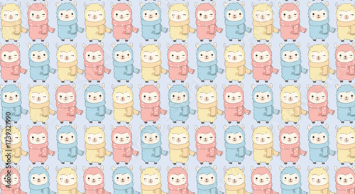 A seamless pattern displays rows of pastel-colored cartoon llamas, each wearing a different colored scarf against a light blue background.