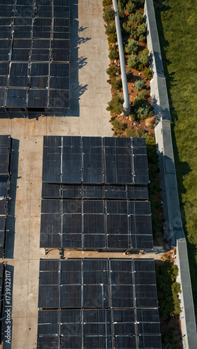 Aerial Top View of Warehouse Rooftop with Solar Panels – Photorealistic Industrial Green Energy Design