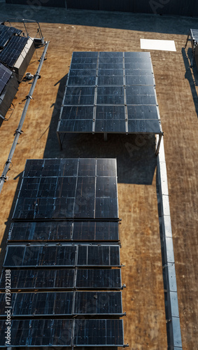 Aerial Top View of Warehouse Rooftop with Solar Panels – Photorealistic Industrial Green Energy Design