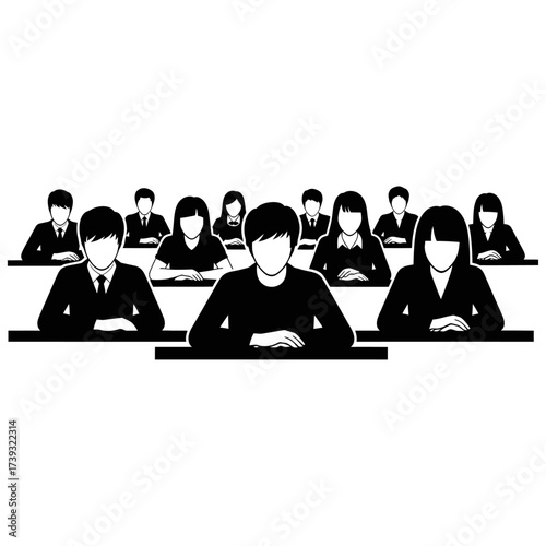 Illustration of a group of students in a classroom isolated on white background