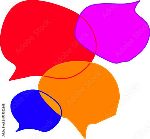 Colorful overlapping speech bubbles in red, orange, blue, and pink on white background, symbolizing communication, chat, teamwork, and social interaction.
