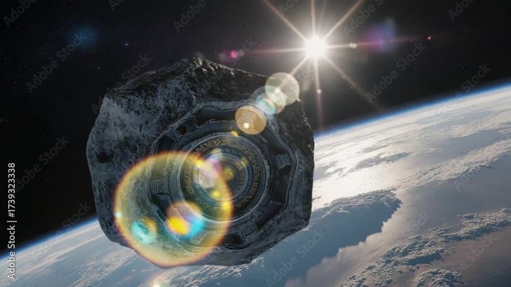 Asteroid with ancient gate structure floats above Earth in outer space view
