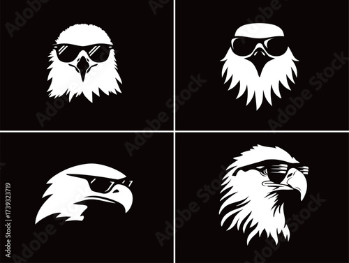 Four stylish eagle graphics wearing sunglasses show a fun and modern take on these majestic birds. The black background highlights their striking features and designs.