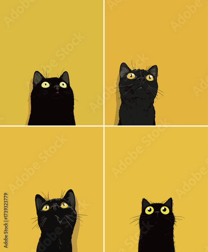 Four black cats with striking yellow eyes are positioned in a grid. Each cat gazes upwards against a vibrant yellow background, highlighting their curious expressions.