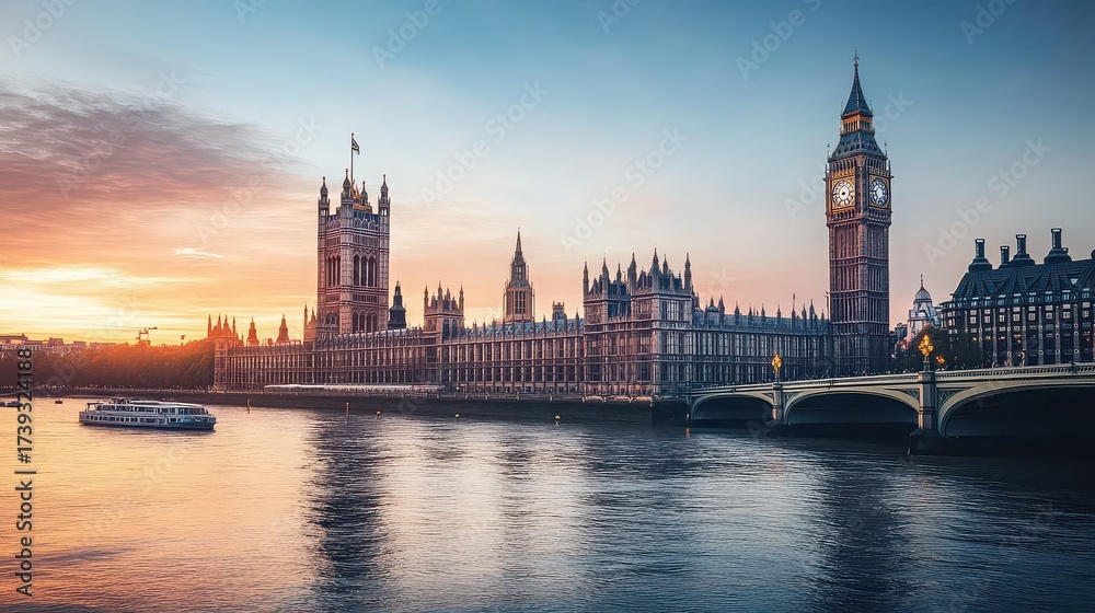 Naklejka premium Panoramic view of the palace of westminster and big ben at sunset in london, united kingdom, with golden light