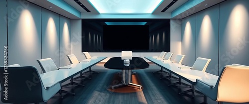 Sleek minimalist conference room with large screen and modern furniture,  boardroom,  professional