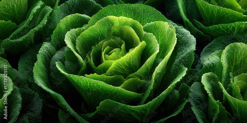 Fototapeta premium Fresh green romaine lettuce heads growing in a garden during daylight with rich textures and vibrant colors