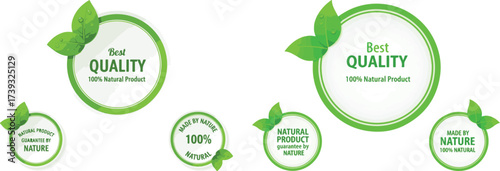 Best Quality 100% Natural Product Green Vector Labels with Leaves | Organic Food and Cosmetics Marketing Material