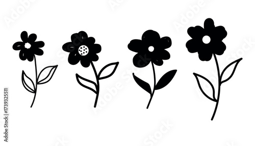 Four hand-drawn black flowers with simple stems and leaves on a white background.