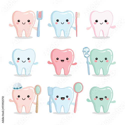 Colorful cartoon teeth characters stand together, each with a unique expression and dental care tool, encouraging good oral hygiene practices in a fun way.