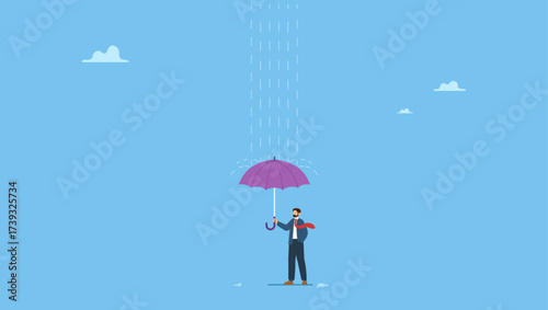Confident businessman with umbrella to protect from rain storm. Dealing with bad luck, problem or depression, protect from business mistake, error or economic recession, security or insurance.