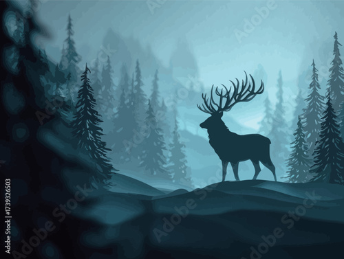 A magnificent stag is silhouetted against a misty atmosphere in a tranquil forest. The tall trees surround the creature, creating a peaceful scene at dawn.