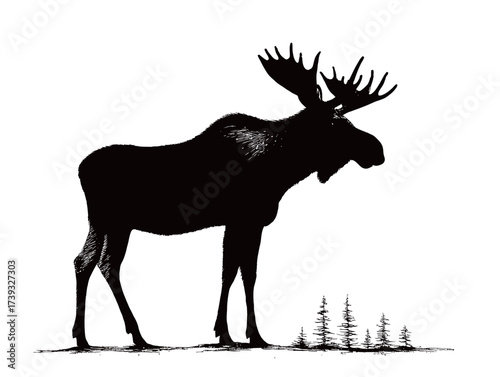 A large moose stands tall with majestic antlers, surrounded by slender pines. The silhouette contrasts sharply against a light background, highlighting its form.