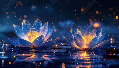 Ethereal blue lotus flowers shimmer