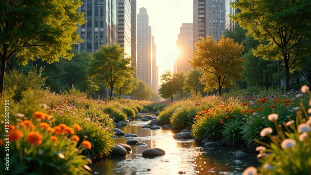 Fototapeta premium Small urban park that has blossomed amidst a concrete jungle. Lush greenery, blooming flowers, and gently trickling water contrast sharply against surrounding skyscrapers. .