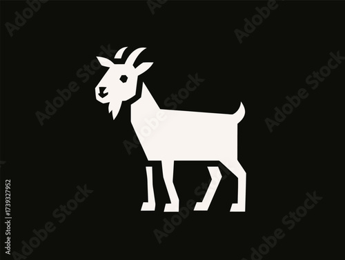 A minimalist design features a goat outlined in white on a solid black background. The goat stands proudly, showcasing its distinct horns and body shape.