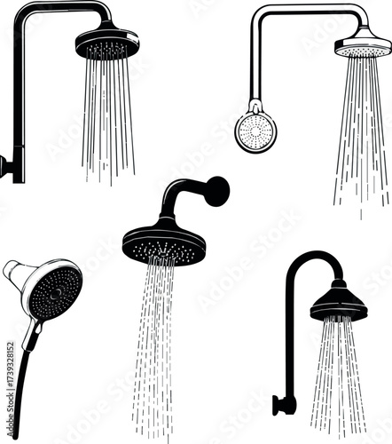 Shower head vector silhouette six set bathroom fixture plumbing design modern showerhead water saving 100 char.