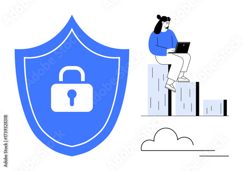 Large blue lock on shield emphasizes cybersecurity. Woman on bar graph symbolizes data usage and growth. Ideal for security, privacy, technology, data protection, online safety, business, growth
