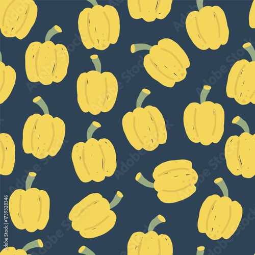 Seamless pattern with hand-drawn yellow bell peppers on dark blue background