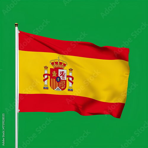 Spanish Flag Waving Proudly A Vibrant Symbol Against a Green Backdrop