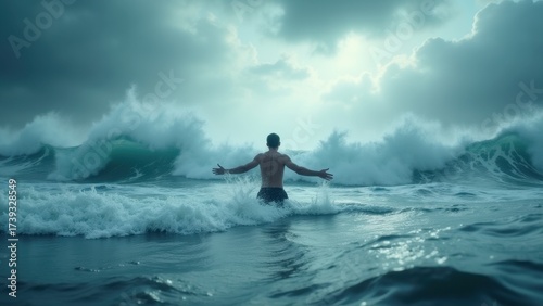 Fototapeta Naklejka Na Ścianę i Meble -  A dynamic, abstract image of a man standing in a vast ocean with massive waves crashing toward them