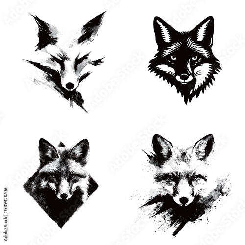 Various artistic styles depict foxes in black and white, highlighting their features and expressions. The designs explore a mix of abstract and realistic interpretations.