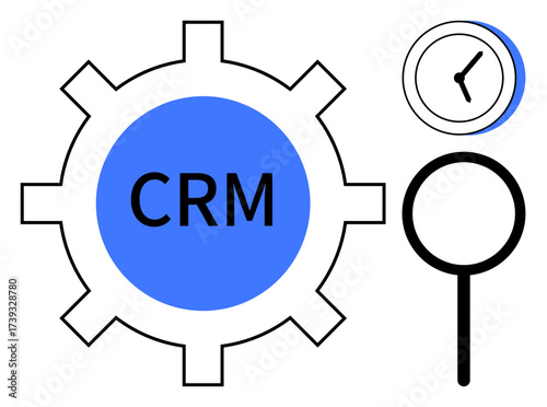 CRM within a gear, highlighting optimization, accompanies a magnifying glass for analysis and a clock for time. Ideal for management, analytics, productivity, strategy, insights, planning teamwork