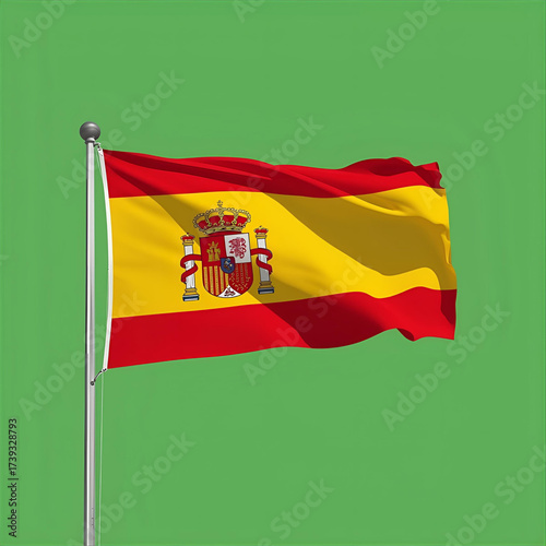 Vibrant Spanish national flag, proudly fluttering on a flagpole against a clean, solid green backdrop, symbolizing the nation's rich history, culture, and enduring spirit