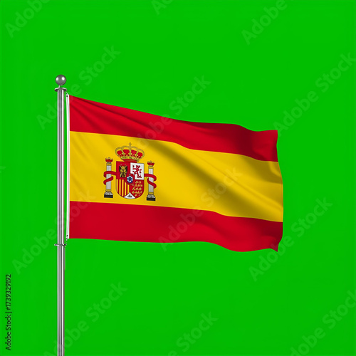 The national flag of Spain with coat of arms waving on a flagpole. A symbol of Spanish patriotism and European culture, isolated on a green screen for chroma key
