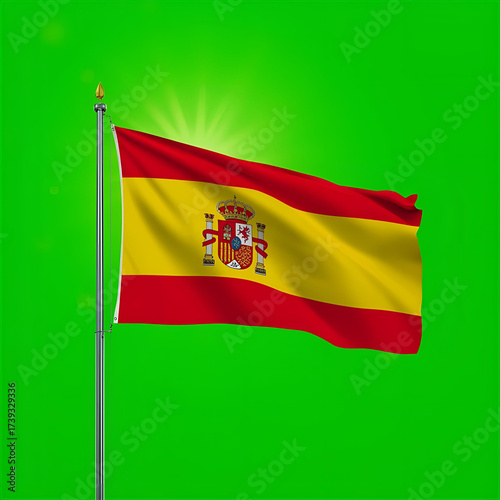 Spanish Flag A Vibrant Symbol of Spain, Waving Against a Green Backdrop